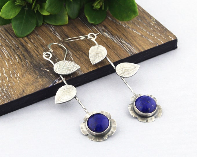 Lapis Flower Stem Silver Earrings