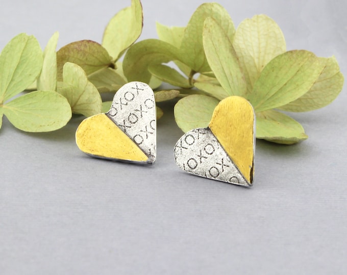 Silver and Gold Heart Stud Earrings