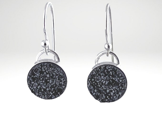 Petite Black Druzy Silver Earrings, Round Silver Earrings, Minimalist Earrings, Gift for her