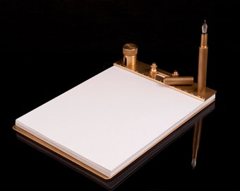 Brass set: fountain pen, clipboard, ruler, inkwell, converter, notebook. Best gift, for a doctor, architect, designer, or lawyer. MiliM