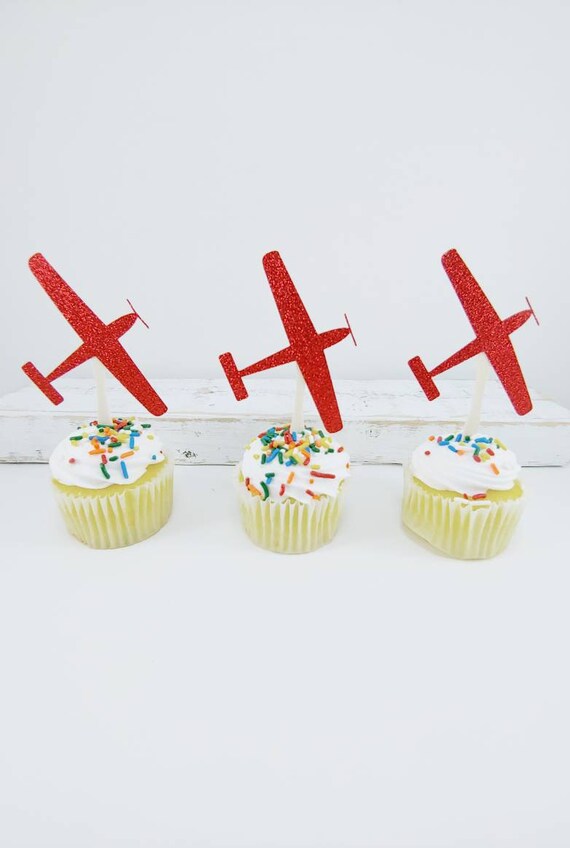 Red Airplane Cupcake Toppers 12 Ct Airplane Baby Shower Etsy