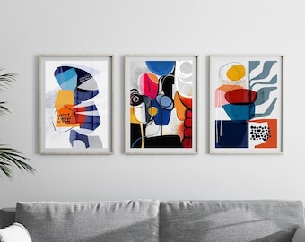 Secrets : Set of 3 large wall prints, Modern Abstract, Nature Art, Modern Wall Art, Abstract Landscape, Cubist Faces, Geometric Wall Art