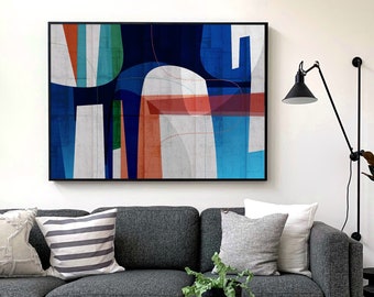 Rivier muur kunst print, moderne abstracte kunst, mixed media kunst, neutrale blauwe kunst, abstract landschap, Indigo blauwe kunst, natuur kunst, boho kunst aan de muur