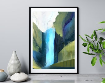 Ethereal Rainforest Art Print, Mountain Waterfall, Nature Art Print, Large Wall Art, Fantasy Abstract landscape, Gallery Wall, Green & Blue