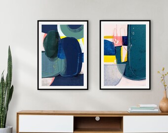 Mid-century: Set of 2 prints, Nordic Abstract, Nature Art, Modern Wall Art, Abstract Landscape, Green Blue Art, Large Geometric Wall Art