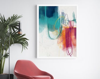 Modern Abstract, Nature Art Print, Colorful Art, Floral Abstract Large Wall Art Print, Abstract landscape, Gallery Wall Art, Turquoise, Pink