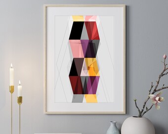 Mid-Century Modern, Geometric Abstract Art Print, Large Abstract Art , Large wall art, Colorful Abstract art, Pink & Grey, Contemporary Art