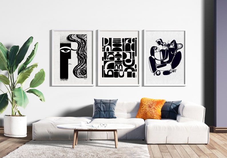 Set of 3 Large Wall Art Prints, Black & White Abstract Art, Contemporary Art, Gallery Wall Art, Mid-Century Modern Art Prints, Minimal Art, SoulCurryArt, Soul Curry Art, Ishita Banerjee