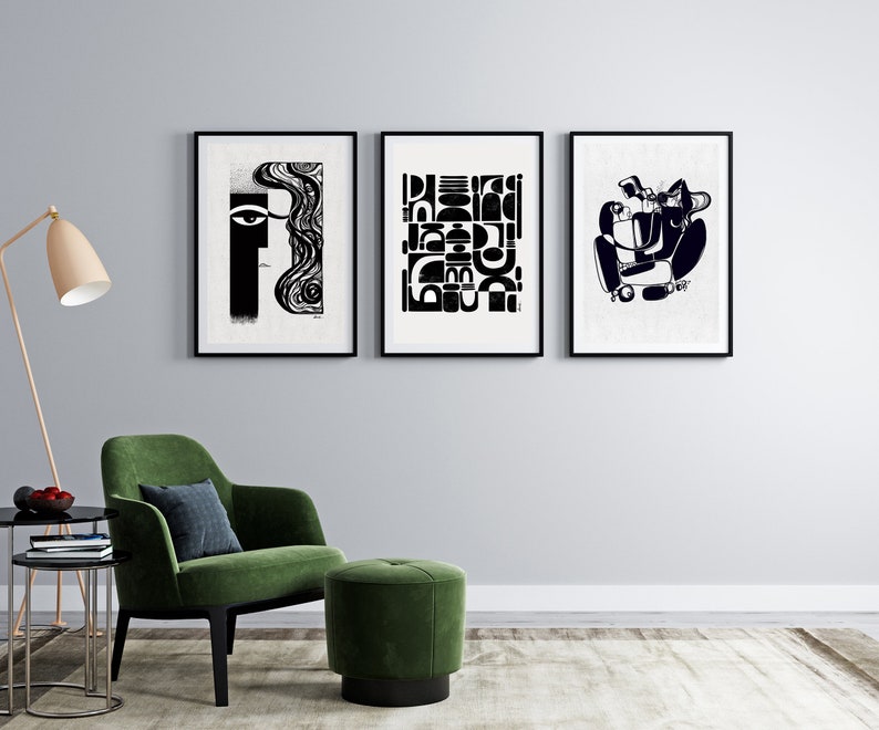 Set of 3 Large Wall Art Prints, Black & White Abstract Art, Contemporary Art, Gallery Wall Art, Mid-Century Modern Art Prints, Minimal Art, SoulCurryArt, Soul Curry Art, Ishita Banerjee