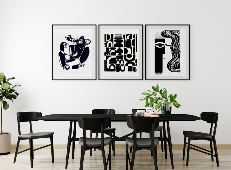 Set of 3 Large Wall Art Prints, Black & White Abstract Art, Contemporary Art, Gallery Wall Art, Mid-Century Modern Art Prints, Minimal Art, SoulCurryArt, Soul Curry Art, Ishita Banerjee