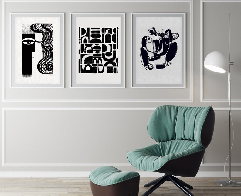 Set of 3 Large Wall Art Prints, Black & White Abstract Art, Contemporary Art, Gallery Wall Art, Mid-Century Modern Art Prints, Minimal Art, SoulCurryArt, Soul Curry Art, Ishita Banerjee