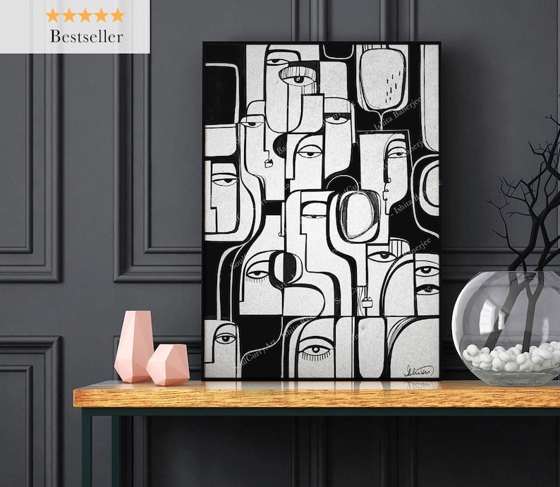 Black & White Faces Cubist Art Print, Modern Abstract - Etsy