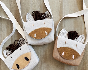 Handmade Linen Horse Purse, Embroidered Face, Kids Novelty Bag