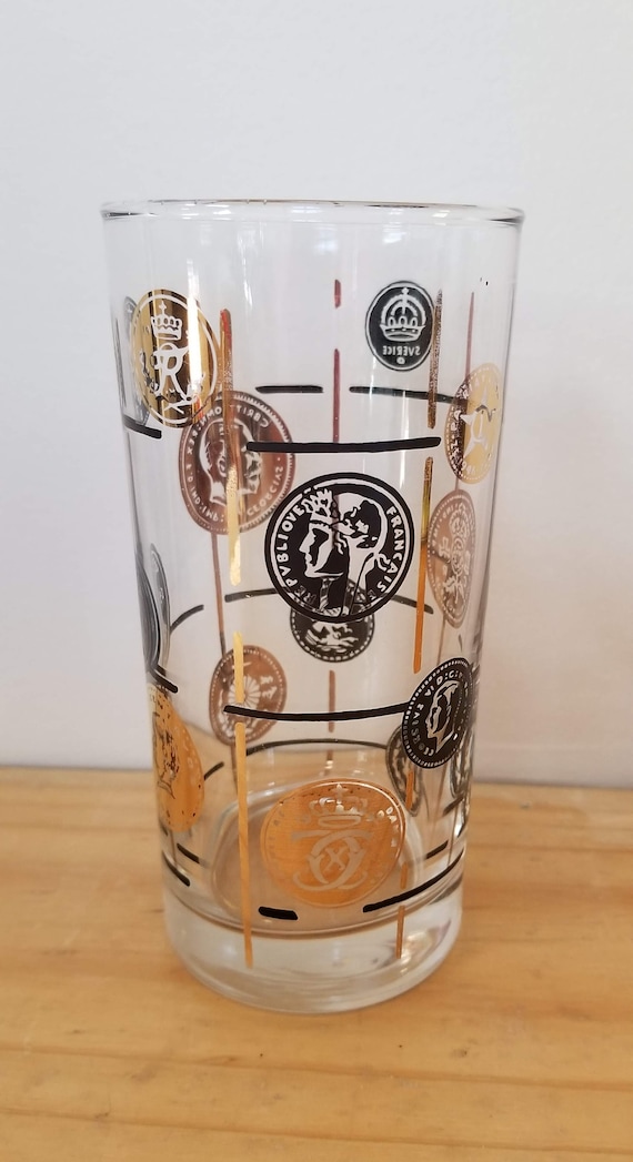 Vintage Libbey Old Coin Tom Collins Black and Gold Drinking Glasses