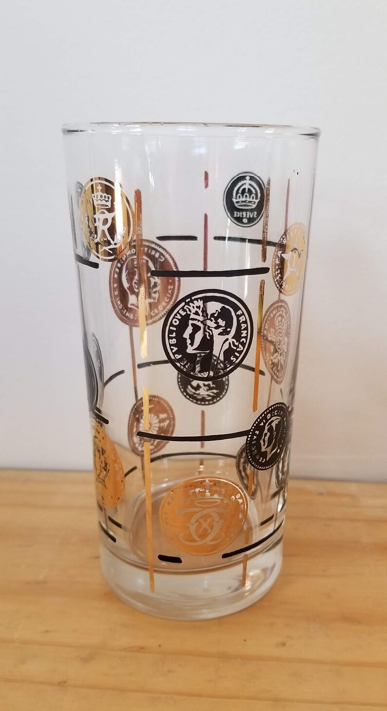 Vintage Libbey Old Coin Tom Collins Black and Gold Drinking Glasses