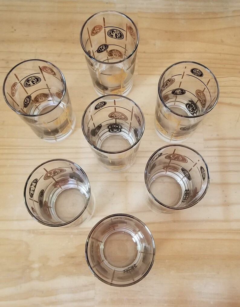 Vintage Libbey Old Coin Tom Collins Black and Gold Drinking Glasses