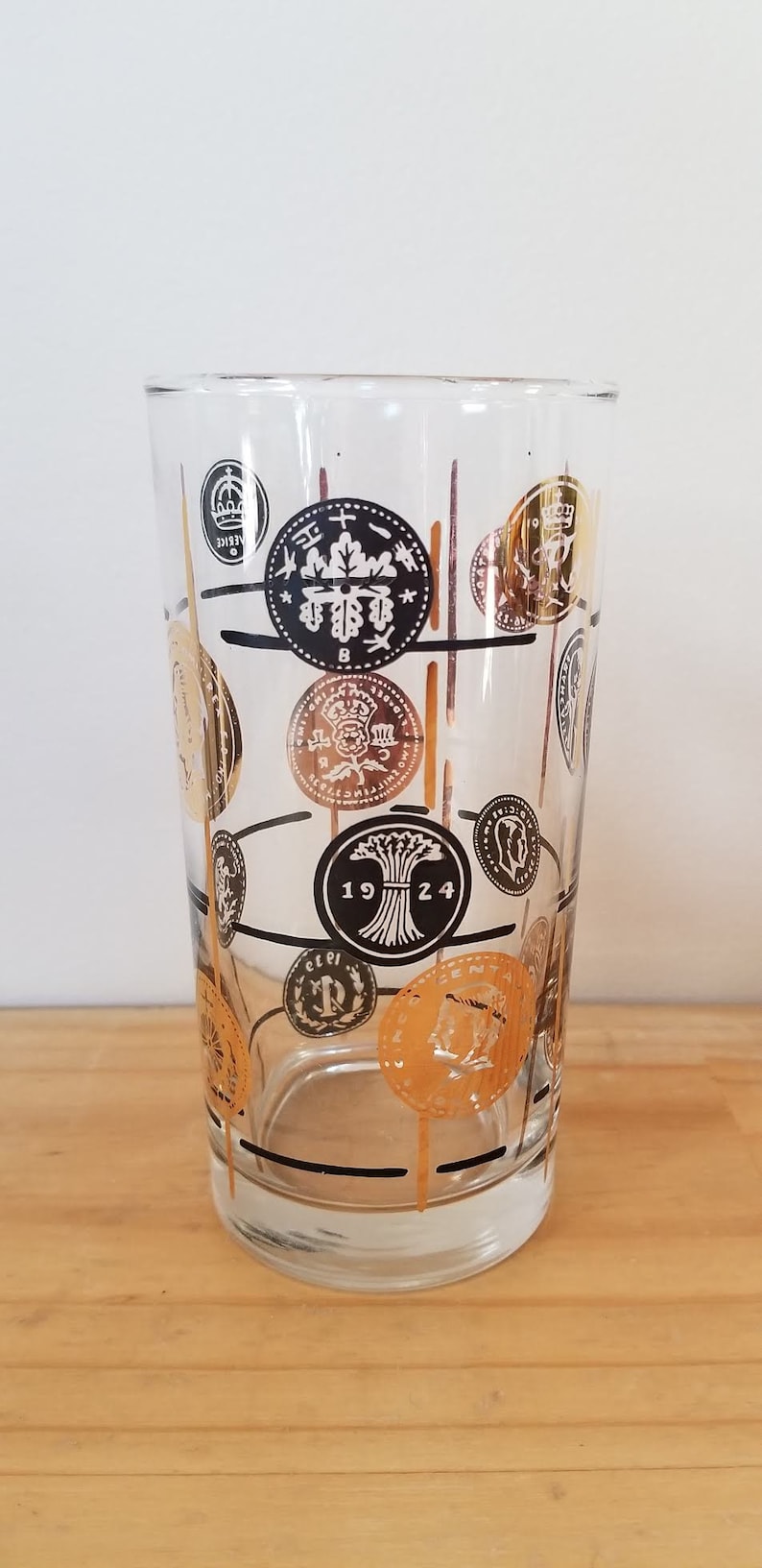 Vintage Libbey Old Coin Tom Collins Black and Gold Drinking Glasses