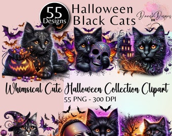 Clipart Halloween, zestaw akwareli z czarnym kotem, 55 obrazów PNG