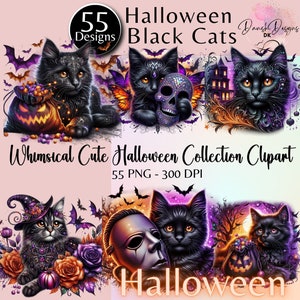 Halloween Clipart, Watercolor Black Cat Bundle, 55 PNGs