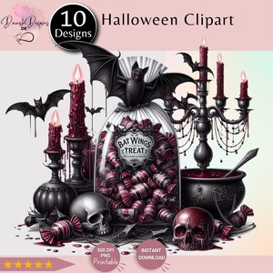 May include: A Halloween-themed clipart image featuring a glass jar filled with red and black candy, labeled "Bat Wings Treat". The jar is surrounded by a black candelabra with dripping red wax, two skulls, and a spiderweb.