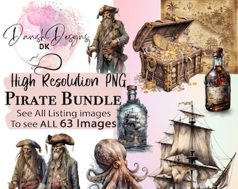 Clipart of Pirates Bundle - 63 Magical Watercolor Images - Treasure Map, Pirate Ship clipart, Pirates