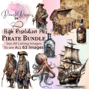 Bundle de cliparts pirates - 63 images aquarelles magiques - carte au trésor, clipart bateau pirate, pirates