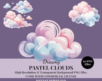 Imágenes prediseñadas de nubes en tonos pastel en formato PNG / Superposiciones de cielo en acuarela (Descarga instantánea)