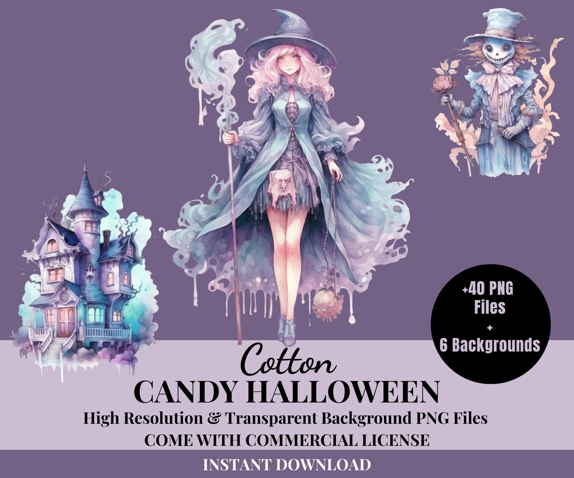 Zestaw waty cukrowej na Halloween, sztuka ścienna, 54 obrazy idealne do drukowania i projektów zaproszeń, pliki PNG, natychmiastowe pobieranie, wykorzystanie komercyjne