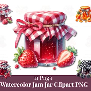 Watercolor Jam Jar Clipart PNG – 12 Fruit Preserve Jars with Gingham Lids, Lace, and Vintage Details – Digital Kitchen Art