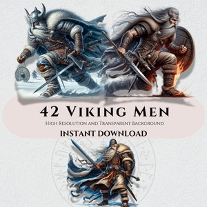 Clipart de vikingos en acuarela vibrante: ilustraciones de guerreros nórdicos perfectas para manualidades, proyectos digitales, álbumes de recortes y descarga instantánea