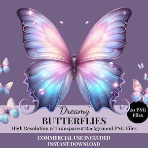 Druckbares PNG Bundle mit blauen, pinken und lila geflügelten Schmetterlingen mit Glitzer, Herzen, weichen Farbverläufen und Schimmereffekten