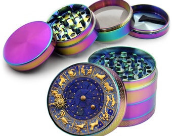 Astrology Grinder With Catcher, Sagittarius Gifts, Zodiac Herb Grinder, Gift For Her, Tobacco Grinder, Rainbow Grinder, Extra Large 5 Piece