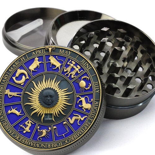 Astrological Clock Signs of the Zodiac Extra Large 5 Piece Spice Tobacco Herb Grinder with Pollen/Keef Catcher