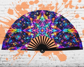 Mandala faltbarer Handfächer UV-reaktiv - ziehen Sie den Klack-Lüfter für Pride oder Bühne Zubehör - Heilige Geometrie Fan für Sommer Festival oder Rave Party