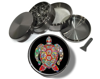 Colorful Sea Turtle Mandala, Extra Large 5 Piece Spice Tobacco Herb Grinder with / Catcher for Herb Grinders, Sea Turtle Art,