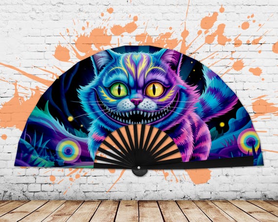 Rave Clack Fan, Neon Cheshire Cat Folding Hand Fan, Glow in the