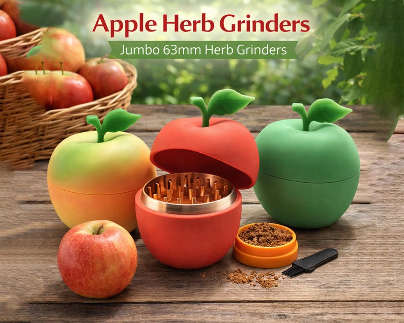 Cute Fruit Herb Grinder Apple Shaped Kitchen Gift Gadgets - Spice or Tobacco Crusher Grinder Best Festival Rave Gifts - 63mm 4 Piece image 1