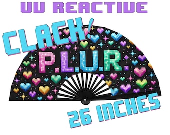Rave Fan, großer Bambus Klackfächer mit PLUR und Herzen, Festival Handfan für Rave, Handfan Partyzubehör, UV-reaktiver Klackfächer