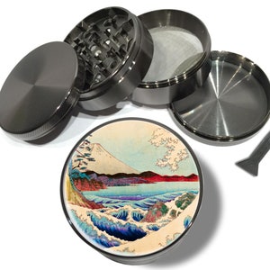 Japanese Volcano and Waves, Herb Grinder With Catcher, Extra Large 5 Piece Grinder, Spice Tobacco Grinder, Girly Grinder, Asian Grinder