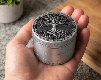 Tree of Life Metal Spice Grinder | Antique Silver Herb Mill | Norse Rune Engraved 63mm 4 Piece Crusher Tool | Yggdrasil Viking Gift for Her