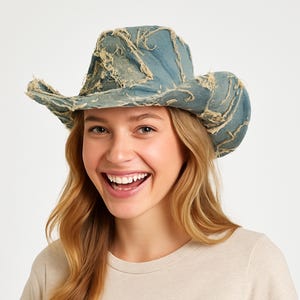 Denim Western Hat, Cowboy Hat, Concert Merch, Rodeo Cowgirl Hat, Country Music Merch 2025, Texas Hat, Summer Style Accessory, Denim On Denim