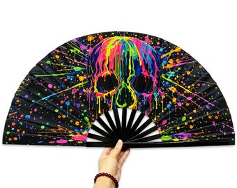 Rave Fan Drip Totenkopf schwarz | UV-Reaktiver Klack Fan 66cm | Farbspritzer Klappfächer | Festival Accessoires | EDM Raver Geschenk für Sie