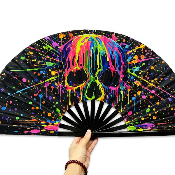 Neon Drip Skull Rave Fan | UV Reactive Clack Fan 26 Inch | Paint Splatter Folding Hand Fan | Festival Accessories | EDM Raver Gift for Her