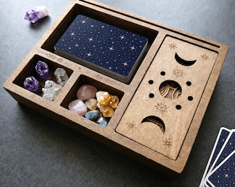 Tarot Card Holder, Moon Phase Tarot Display Stand, Wooden Tarot Box with Crystal Storage, Witchy Altar Box Gift