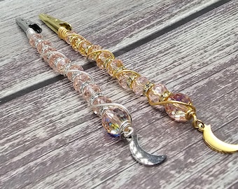 Pink Wand Clip - Credit Card Wand Grabber or Bracelet Helper - Crescent Moon Crystal Wand Clip Best Rainbow Maker or Cigarette Holder 4.5"