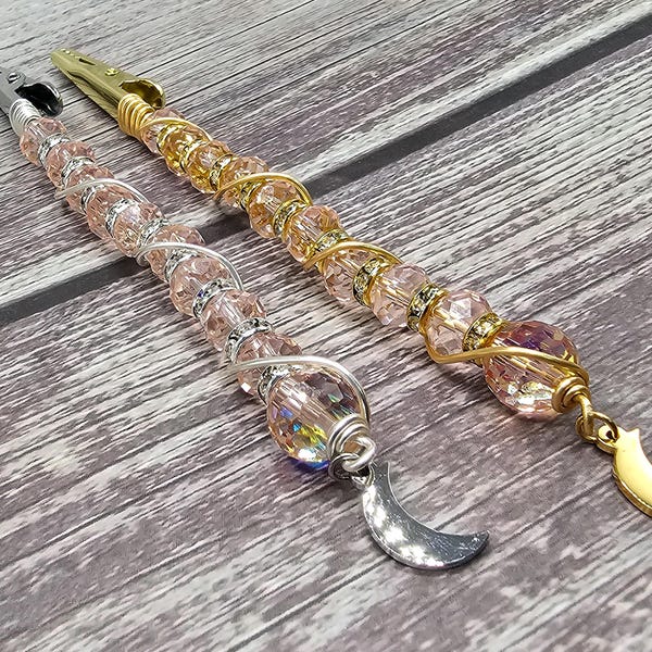 Pink Wand Clip - Credit Card Wand Grabber or Bracelet Helper - Crescent Moon Crystal Wand Clip Best Rainbow Maker or Cigarette Holder 4.5"