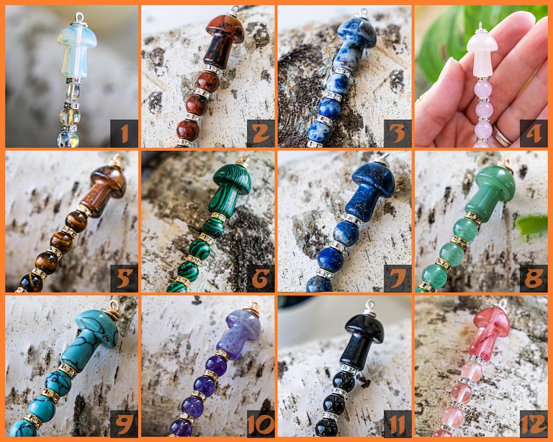 May include: Twelve different crystal mushroom charms, each with a different color and type of crystal. The charms are strung on a silver chain with small beads.