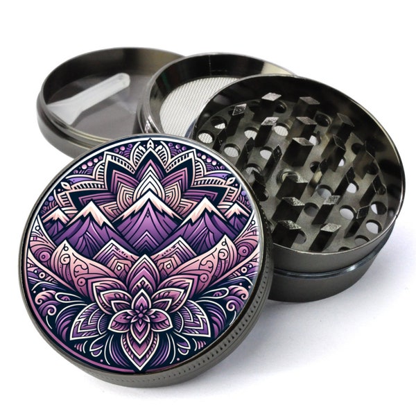 Mandala Grinder, Majestic Mountain Grinder, Purple Grinder, Mystical Grinder, Meditation Grinder, Extra Large Herb Grinder With Catcher