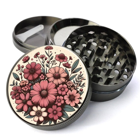 Retro Flower Herb Grinder, Floral Grinder, Fall Hosting Decor, Pink Flowers Grinder, Large Grinder With Catcher,Tobacco Grinder,Gift For Her