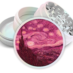 May include: A white herb grinder with a lid featuring a print of Van Gogh's "Starry Night" painting. The grinder is disassembled, showing the internal components and the fine mesh screen. The artwork showcases a swirling sky in shades of pink and purple.